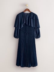 CERENE Jade Navy Long Sleeve Pleated Satin Midi Dress - Image 4 of 12