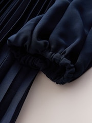 CERENE Jade Navy Long Sleeve Pleated Satin Midi Dress - Image 5 of 12