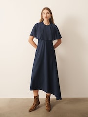 CERENE Crystal Navy Satin Slip Dress With Detachable Sheer Cape - Image 1 of 13
