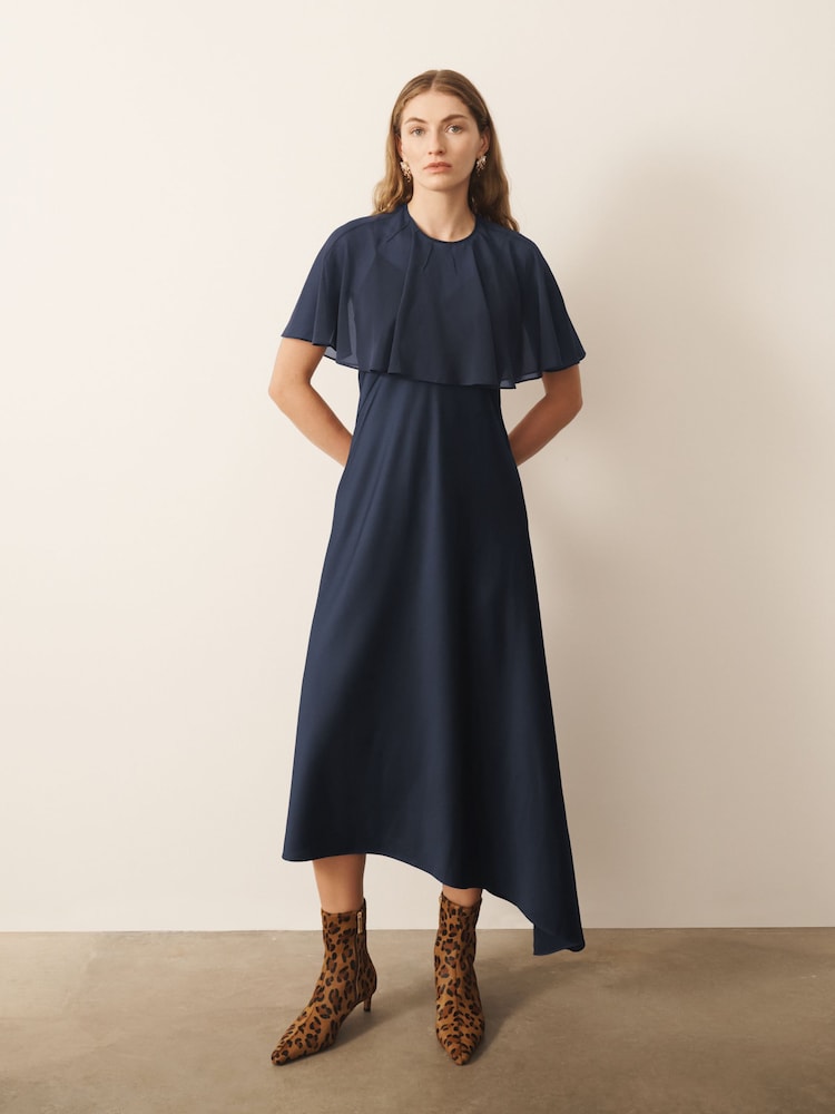 CERENE Crystal Navy Satin Slip Dress With Detachable Sheer Cape - Image 1 of 13