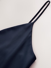 CERENE Crystal Navy Satin Slip Dress With Detachable Sheer Cape - Image 12 of 13