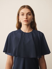 CERENE Crystal Navy Satin Slip Dress With Detachable Sheer Cape - Image 3 of 13