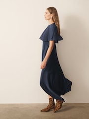 CERENE Crystal Navy Satin Slip Dress With Detachable Sheer Cape - Image 5 of 13