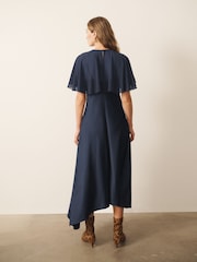 CERENE Crystal Navy Satin Slip Dress With Detachable Sheer Cape - Image 7 of 13