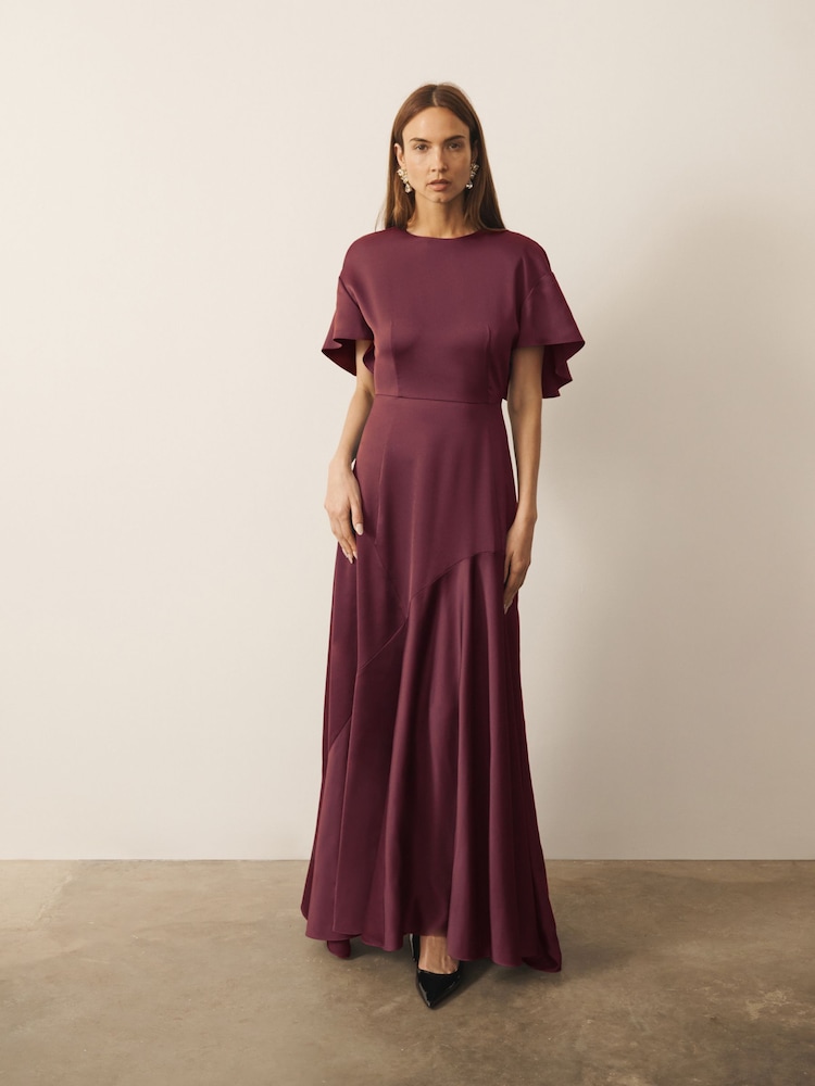 CERENE Caitlyn Burgundy Red Angel Sleeves Satin Maxi Dress - Image 1 of 10