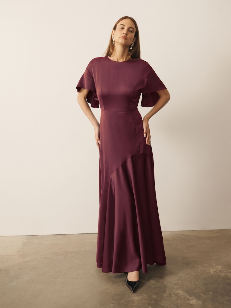 CERENE Caitlyn Burgundy Red Angel Sleeves Satin Maxi Dress - Image 2 of 10