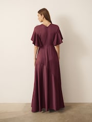 CERENE Caitlyn Burgundy Red Angel Sleeves Satin Maxi Dress - Image 3 of 10