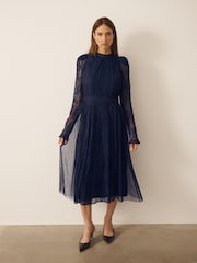 CERENE Ellie Navy Puff Sleeve Lace Midi Dress - Image 1 of 12