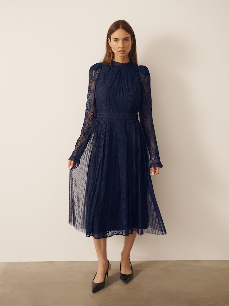 CERENE Ellie Navy Puff Sleeve Lace Midi Dress - Image 1 of 12 CERENE Ellie Navy Puff Sleeve Lace Midi Dress - Image 1 of 12