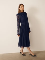 CERENE Ellie Navy Puff Sleeve Lace Midi Dress - Image 3 of 12