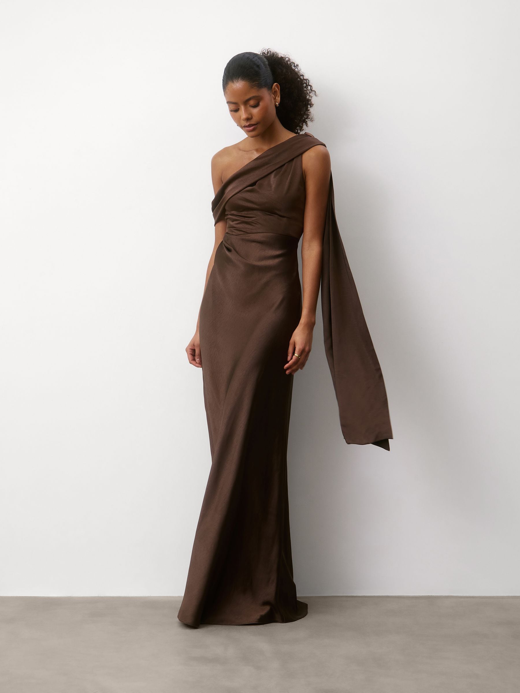 Buy Six Stories Brown One Shoulder Drape Detail Satin Bridesmaid