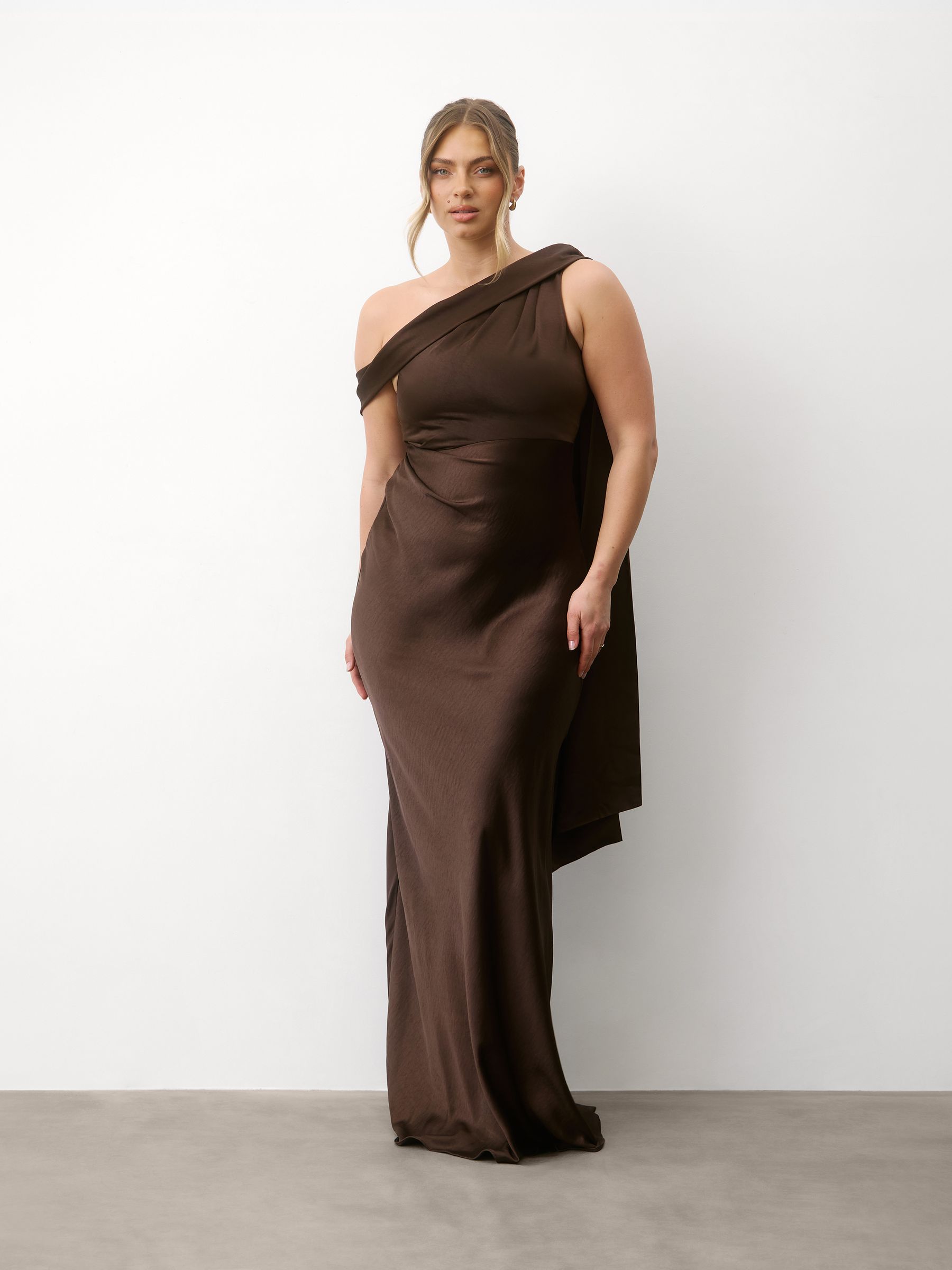 Buy Six Stories Brown One Shoulder Drape Detail Satin Bridesmaid