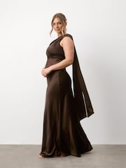 Six Stories Brown One Shoulder Drape Detail Satin Bridesmaid Dress - Image 3 of 6