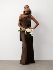 Six Stories Brown One Shoulder Drape Detail Satin Bridesmaid Dress - Image 4 of 6