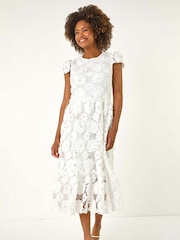 Roman White Crochet Floral Lace Midi Dress - Image 1 of 5