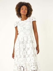 Roman White Crochet Floral Lace Midi Dress - Image 3 of 5