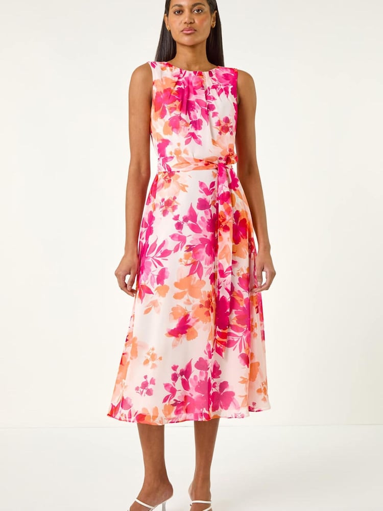 وردي - فستان متوسط الطول مزين بطبعة زهور وطيات على الرقبة من Roman - Image 1 of 5 وردي - فستان متوسط الطول مزين بطبعة زهور وطيات على الرقبة من Roman - Image 1 of 5