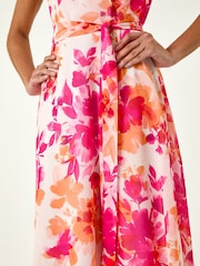 Roman Pink Floral Pleated Neck Midi Dress - Image 6 of 6