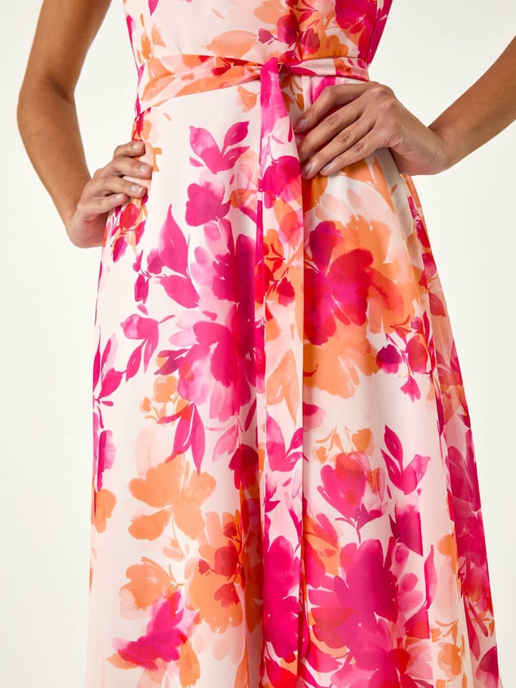 Roman Pink Floral Pleated Neck Midi Dress - Image 6 of 6