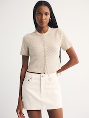 Abercrombie & Fitch Grey Pointelle Wool Blend Short Sleeve Cardigan - Image 1 of 6