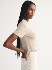 Abercrombie & Fitch Grey Pointelle Wool Blend Short Sleeve Cardigan - Image 3 of 6