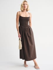 Abercrombie & Fitch Brown Camo Print Dipped Waist Smocked Midi Dress - Image 1 of 5