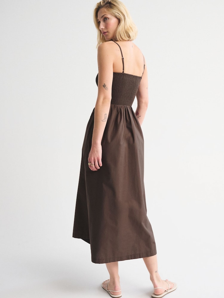 Abercrombie & Fitch Brown Camo Print Dipped Waist Smocked Midi Dress - Image 2 of 5 Abercrombie & Fitch Brown Camo Print Dipped Waist Smocked Midi Dress - Image 2 of 5