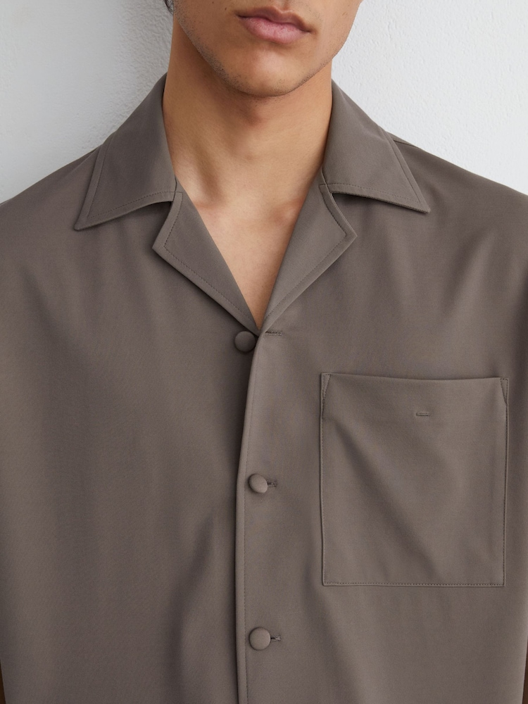 Reiss Taupe Brown Russo Cuban-Collar Short-Sleeve Shirt - Image 1 of 6 Reiss Taupe Brown Russo Cuban-Collar Short-Sleeve Shirt - Image 1 of 6