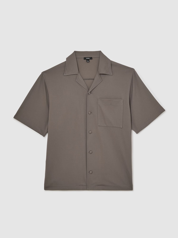 Reiss Taupe Brown Russo Cuban-Collar Short-Sleeve Shirt - Image 2 of 6 Reiss Taupe Brown Russo Cuban-Collar Short-Sleeve Shirt - Image 2 of 6