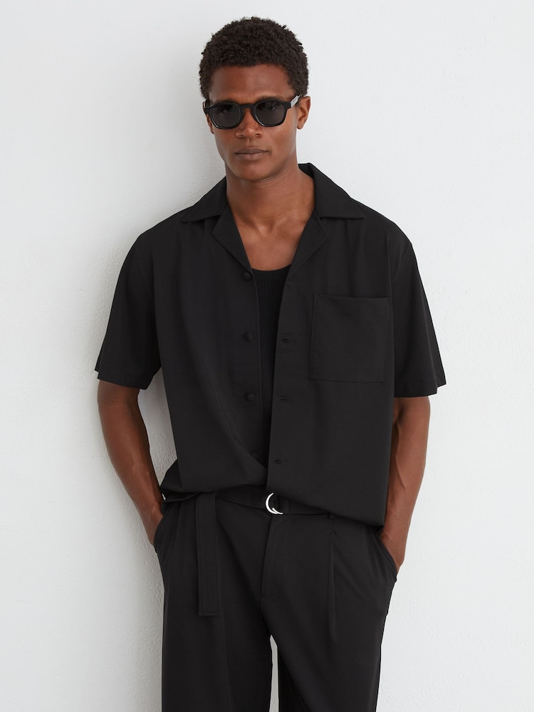 Reiss Black Russo Cuban-Collar Short-Sleeve Shirt - Image 1 of 6 Reiss Black Russo Cuban-Collar Short-Sleeve Shirt - Image 1 of 6