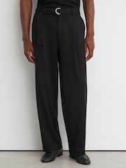Reiss Black Walker Belted Relaxed-Fit Pleated Trousers - Image 3 of 7