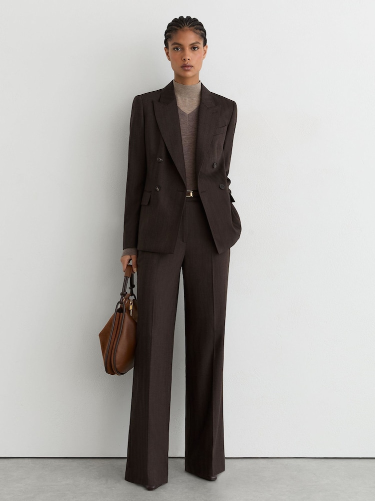 Reiss Chocolate Brown Dawson Petite Wool-Blend Herringbone Double-Breasted Blazer - Image 1 of 9