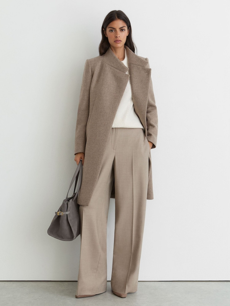Reiss Neutral Melange Max Petite Wool-Blend Wrapover Mid-Length Coat - Image 1 of 8 Reiss Neutral Melange Max Petite Wool-Blend Wrapover Mid-Length Coat - Image 1 of 8