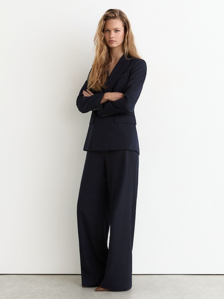 Reiss Navy Solene Tall Wool-Blend Wide-Leg Suit Trousers - Image 1 of 7