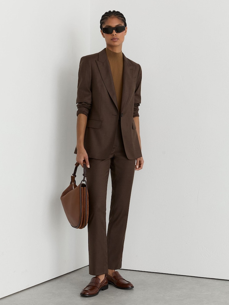 Reiss Mocha Brown Derby Wool-Blend Slim-Leg Trousers - Image 1 of 7 Reiss Mocha Brown Derby Wool-Blend Slim-Leg Trousers - Image 1 of 7