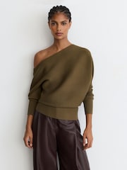 Reiss Khaki Green Lorna Asymmetric Draped Knitted Jumper - Image 1 of 6