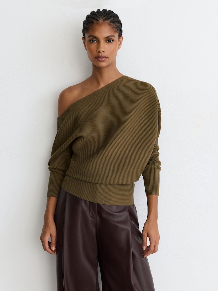 Reiss Khaki Green Lorna Asymmetric Draped Knitted Jumper - Image 1 of 6