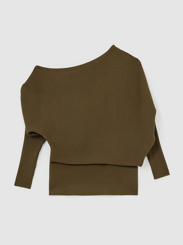 Reiss Khaki Green Lorna Asymmetric Draped Knitted Jumper - Image 2 of 6