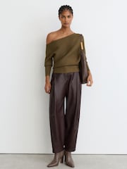 Reiss Khaki Green Lorna Asymmetric Draped Knitted Jumper - Image 3 of 6
