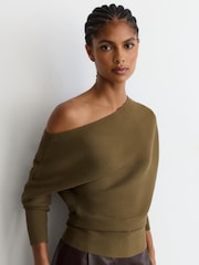 Reiss Khaki Green Lorna Asymmetric Draped Knitted Jumper - Image 4 of 6