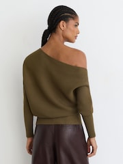 Reiss Khaki Green Lorna Asymmetric Draped Knitted Jumper - Image 5 of 6