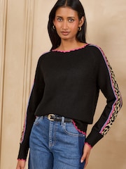 Love & Roses Black Crew Neck Leopard Tipped Knitted Jumper - Image 2 of 4