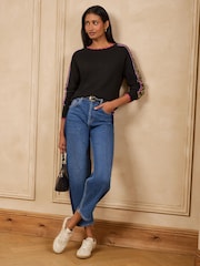 Love & Roses Black Crew Neck Leopard Tipped Knitted Jumper - Image 3 of 4