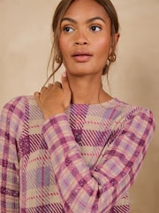 Love & Roses Purple Checked Crew Neck Sparkle Detail Knitted Jumper - Image 2 of 5
