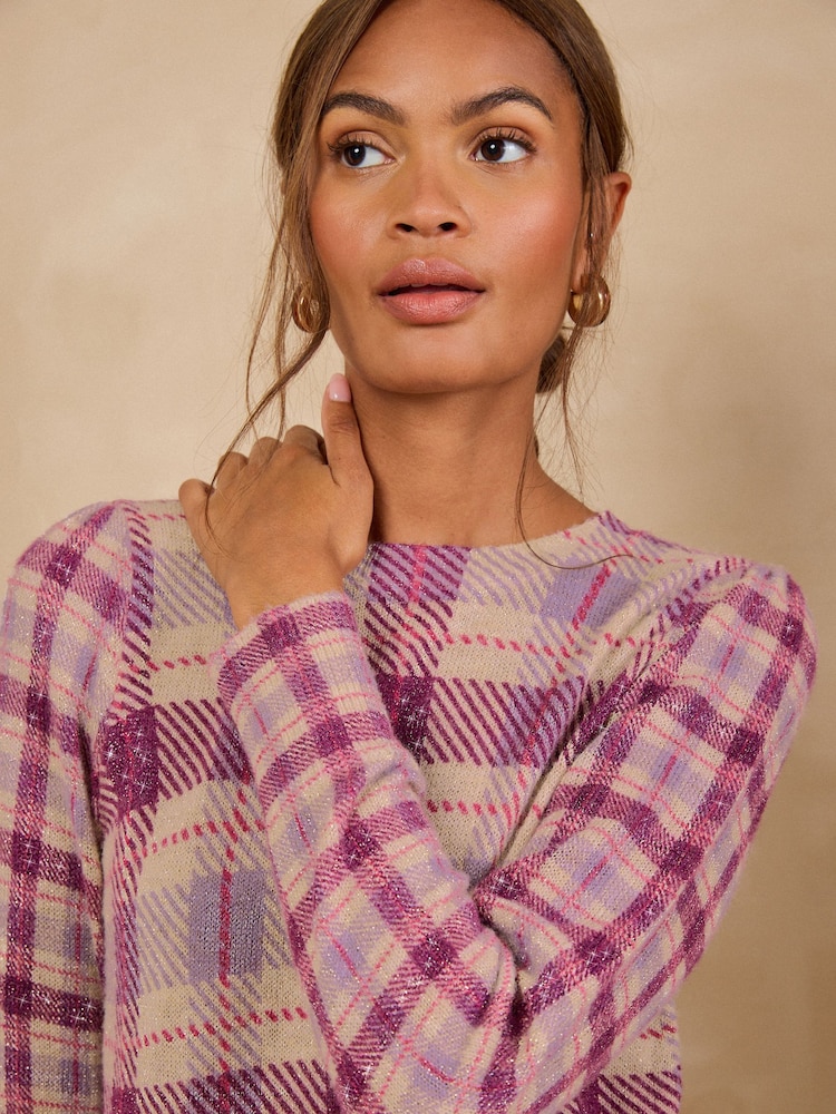 Love & Roses Purple Checked Crew Neck Sparkle Detail Knitted Jumper - Image 2 of 5