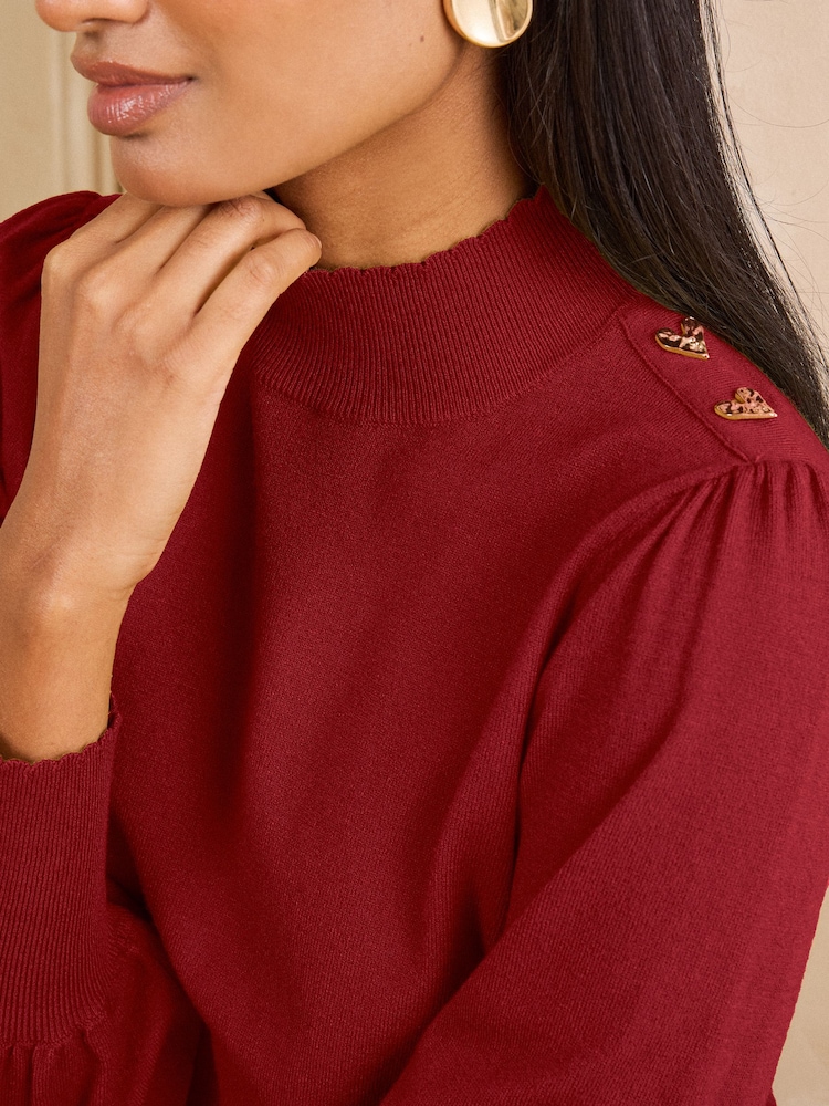 أحمر - Love & Roses Funnel Neck Heart Button Detail Knitted Jumper - صورة 2 من 4