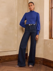 Love & Roses Cobalt Blue Funnel Neck Heart Button Detail Knitted Jumper - Image 3 of 4