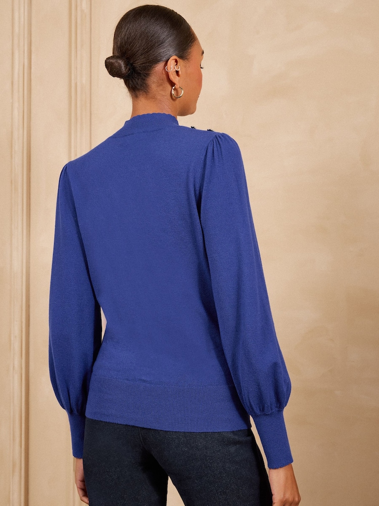 Love & Roses Cobalt Blue Funnel Neck Heart Button Detail Knitted Jumper - Image 4 of 4 Love & Roses Cobalt Blue Funnel Neck Heart Button Detail Knitted Jumper - Image 4 of 4