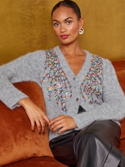 Love & Roses Grey Multicolored Sequin Detail V-Neck Cosy Knitted Cardigan - Image 1 of 4