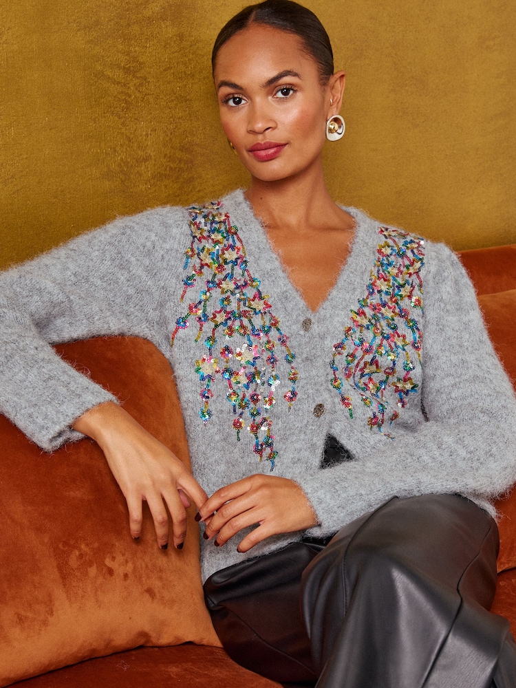 Love & Roses Grey Multicolored Sequin Detail V-Neck Cosy Knitted Cardigan - Image 1 of 4